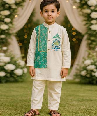 White printed cotton silk Boy's Kurta Pyjama 1