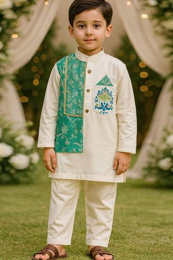 White printed cotton silk kurta pyjama