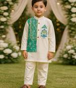 White printed cotton silk kurta pyjama