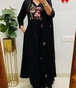 Black embroidered v neck pure cotton kurta trouser dupatta set