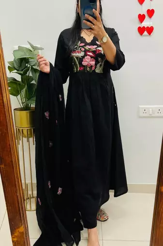 Black embroidered v neck  cotton kurta trouser dupatta set
