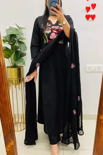 Black embroidered v neck  cotton kurta trouser dupatta set