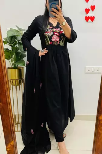 Black embroidered v neck  cotton kurta trouser dupatta set