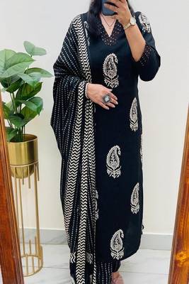 black embroidered cotton kurta trouser dupatta set 1