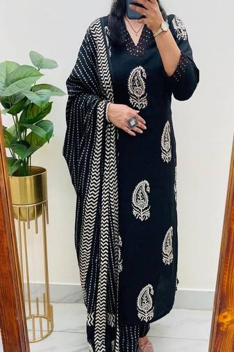 Black embroidered v neck pure cotton kurta trouser dupatta set