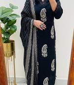 Black embroidered v neck pure cotton kurta trouser dupatta set