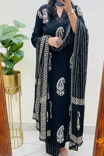 black embroidered cotton kurta trouser dupatta set