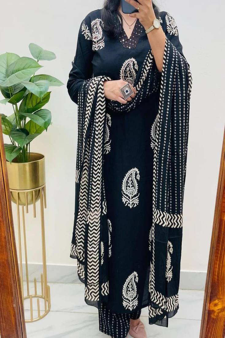Black embroidered v neck pure cotton kurta trouser dupatta set