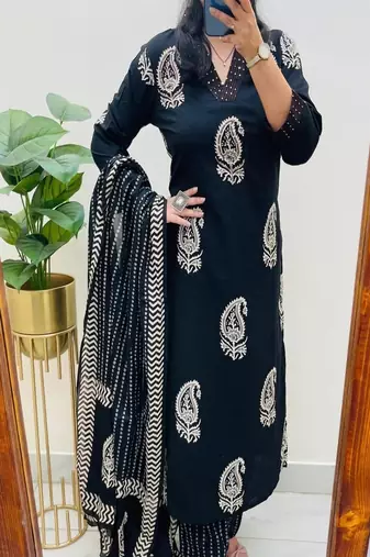 black embroidered cotton kurta trouser dupatta set