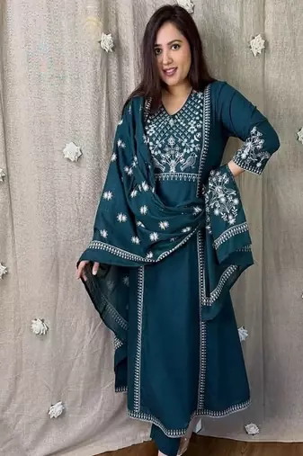 Blue floral embroidered v neck pure cotton kurta trouser dupatta set