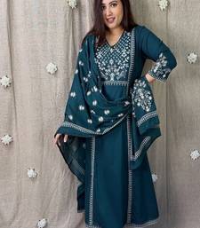 Blue floral embroidered v neck pure cotton kurta trouser dupatta set