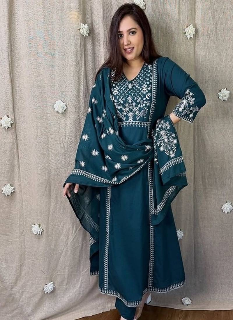 Blue floral embroidered v neck pure cotton kurta trouser dupatta set