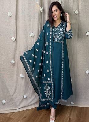 blue floral embroidered cotton kurta trouser dupatta set 1
