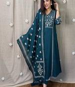 Blue floral embroidered v neck pure cotton kurta trouser dupatta set
