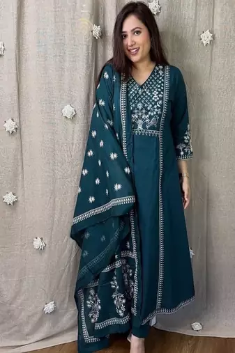 blue floral embroidered cotton kurta trouser dupatta set