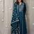 Blue floral embroidered v neck pure cotton kurta trouser dupatta set
