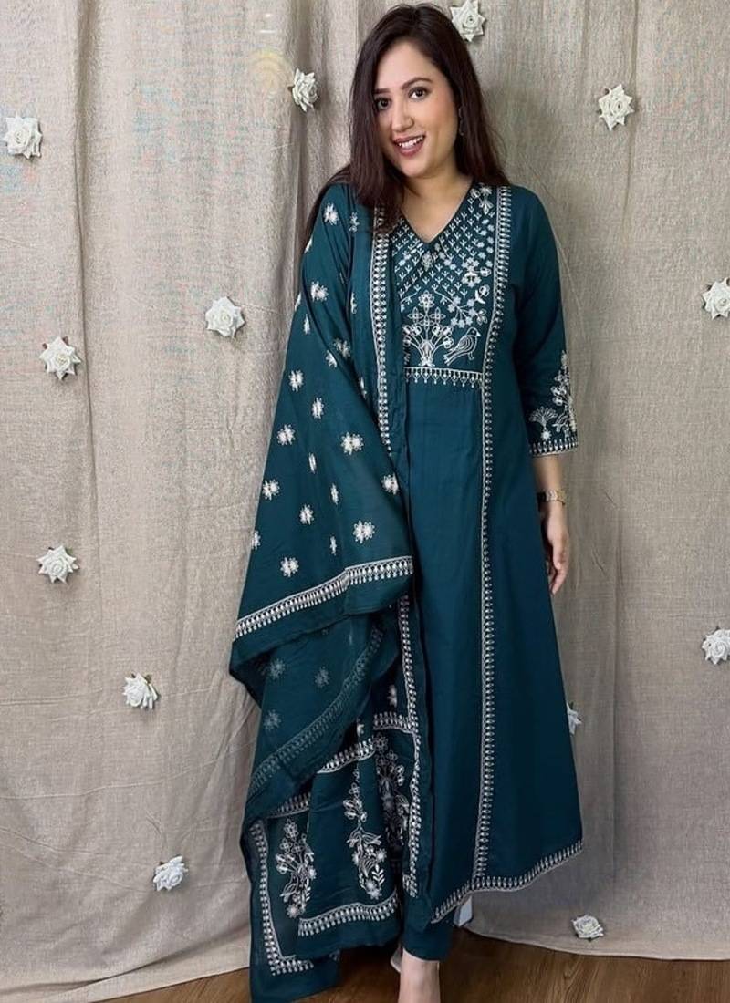 Blue floral embroidered v neck pure cotton kurta trouser dupatta set