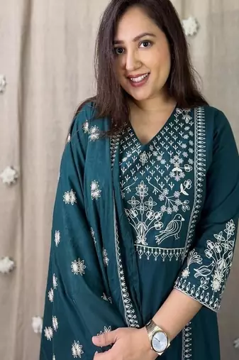 blue floral embroidered cotton kurta trouser dupatta set
