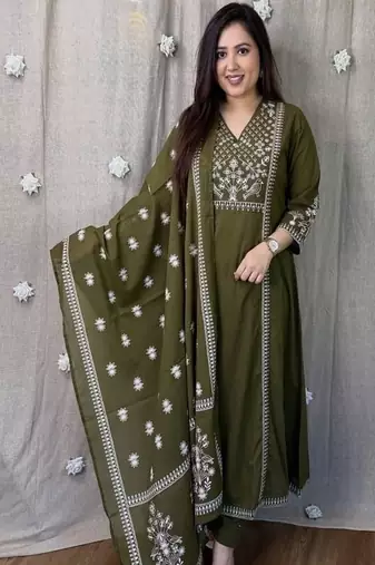 Green embroidered v neck pure cotton kurta trouser dupatta set