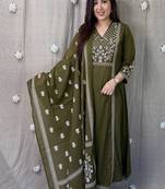 Green embroidered v neck pure cotton kurta trouser dupatta set
