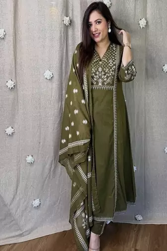 Green embroidered v neck  cotton kurta trouser dupatta set