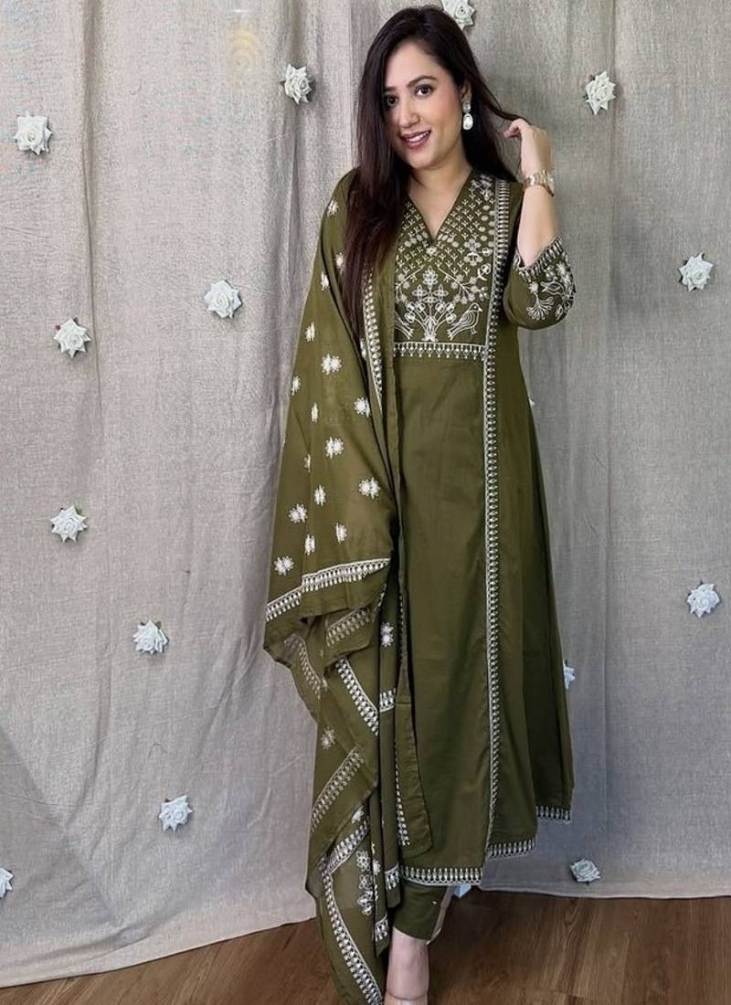 Green embroidered v neck pure cotton kurta trouser dupatta set