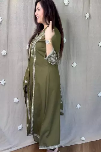 Green embroidered v neck  cotton kurta trouser dupatta set