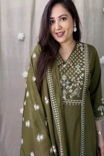 Green embroidered v neck  cotton kurta trouser dupatta set