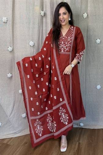 Red embroidered v neck pure cotton kurta trouser dupatta set