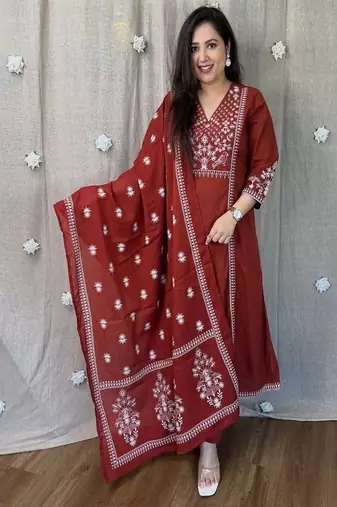 Red embroidered v neck pure cotton kurta trouser dupatta set