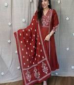 Red embroidered v neck pure cotton kurta trouser dupatta set