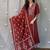 Red embroidered v neck pure cotton kurta trouser dupatta set