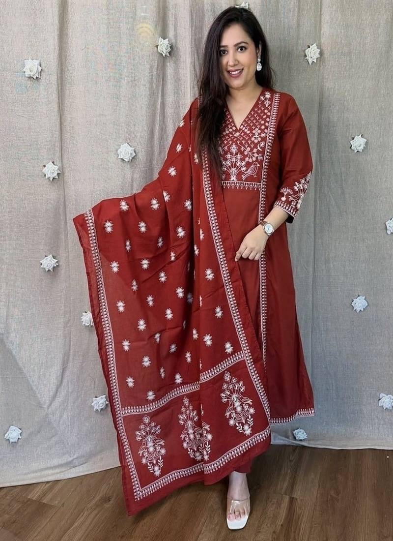 Red embroidered v neck pure cotton kurta trouser dupatta set