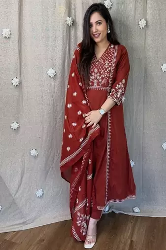 Red embroidered v neck  cotton kurta trouser dupatta set