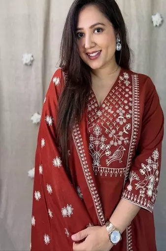 Red embroidered v neck  cotton kurta trouser dupatta set