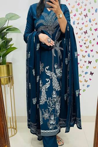 Blue floral embroidered v neck pure cotton kurta trouser dupatta set
