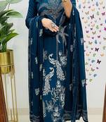 blue floral embroidered cotton kurta trouser dupatta set