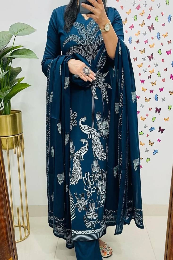 Blue floral embroidered v neck pure cotton kurta trouser dupatta set