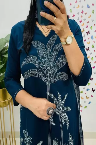 blue floral embroidered cotton kurta trouser dupatta set