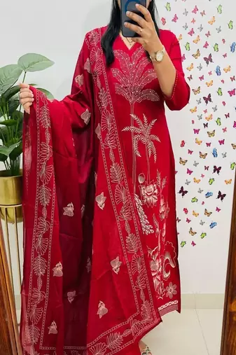 Red embroidered v neck pure cotton kurta trouser dupatta set