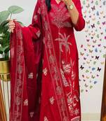 Red embroidered v neck pure cotton kurta trouser dupatta set