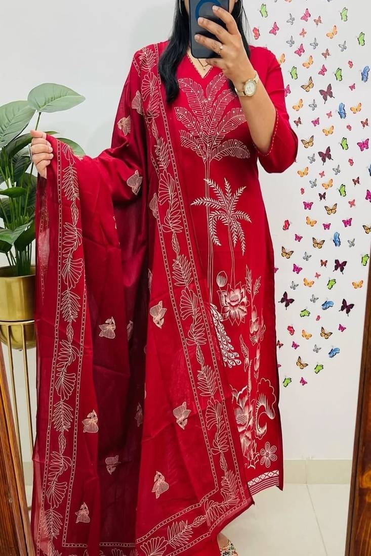 Red embroidered v neck pure cotton kurta trouser dupatta set