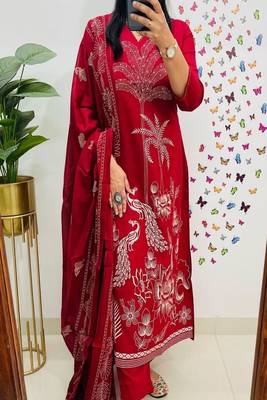 Red embroidered v neck  cotton kurta trouser dupatta set 2