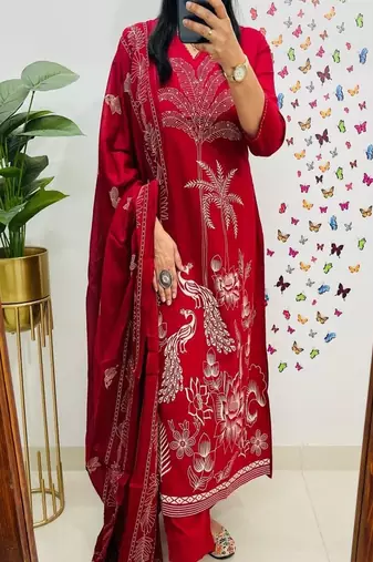 Red embroidered v neck  cotton kurta trouser dupatta set