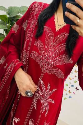 Red embroidered v neck  cotton kurta trouser dupatta set 3