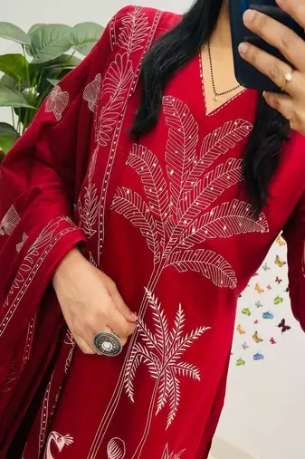 Red embroidered v neck  cotton kurta trouser dupatta set