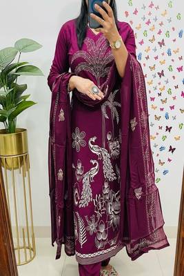 Purple embroidered v neck  cotton kurta trouser dupatta set 1