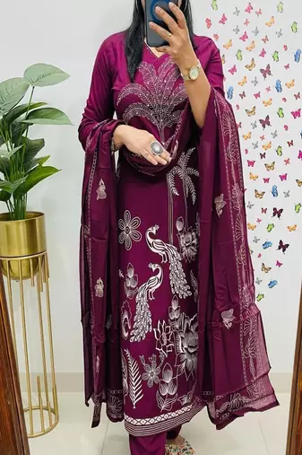 Purple embroidered v neck pure cotton kurta trouser dupatta set