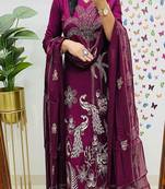 Purple embroidered v neck pure cotton kurta trouser dupatta set