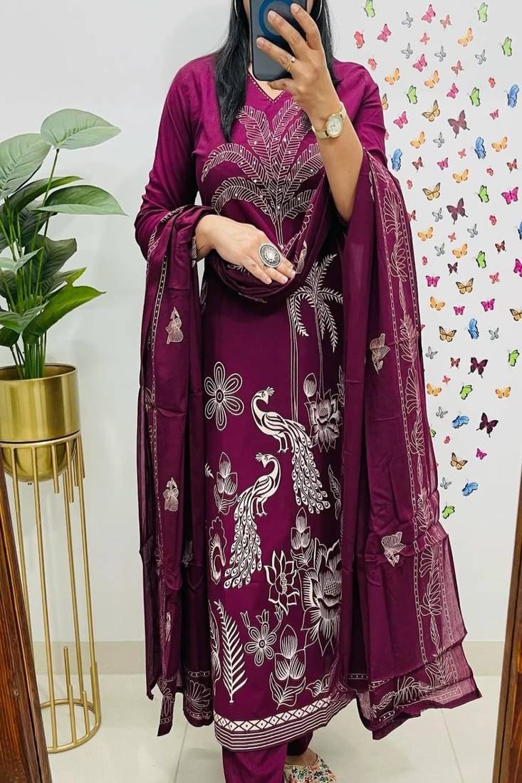 Purple embroidered v neck pure cotton kurta trouser dupatta set